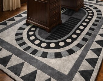 Schwarz-weißer Geometrischer Handgetufteter Wollteppich - Moderner Ovaler Wollteppich - Wohnzimmer Büroteppich Skandinavischer Minimalistischer Bodenteppich
