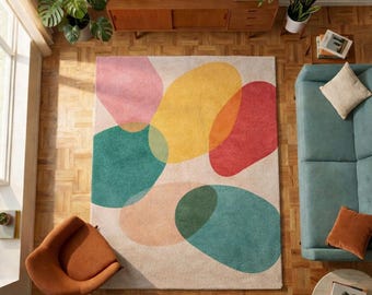Bunter Abstrakter Bereich Teppich - Moderner Geometrischer Kreis Teppich - Cremefarbener Wohnzimmerteppich - Mid Century Style - Zeitgenössische Bodendekoration