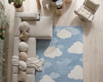 Blauer Himmel Wolken Teppich, Weicher Kinderzimmer Teppich, Kinderzimmer Teppich, Ästhetischer Wolken Teppich, Moderner Plüsch Wohnzimmerteppich, Babyzimmer Dekor Teppich
