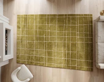 Geometrischer Teppich in Olivgrün, Geometrischer Stil, Minimalistischer, Karierter Teppich, Wohnzimmerteppich, Handgemachter Teppich