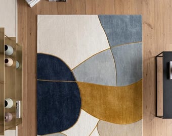 Moderner Abstrakter Bereich Teppich, Neutraler Beige Blauer Goldteppich, Geometrischer Handgetufteter Wollteppich, Zeitgenössischer Wohnzimmerteppich Luxus Minimalistischer Teppich