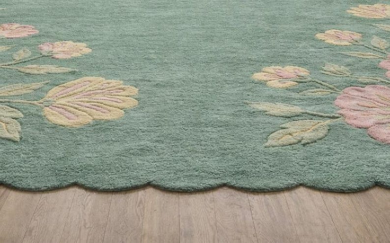 Sage Green Botanical Hand Tufted Rug, Pink Flower Rug, Floral Wool Area ...