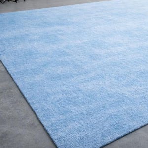 May include: A large, rectangular, light blue rug. The rug has a soft, textured appearance and is placed on a gray concrete floor. The rug's color is a solid, pale blue, and it fills most of the frame.
