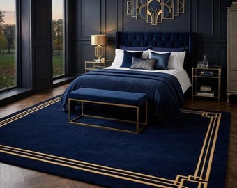 Navy Blue Art Deco Rug, Gold Border Geometric Rug, Luxury Modern Bedroom Rug, Navy and Gold Area Rug Minimalist Designer Rug Custom Size Rug