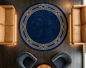 Runder Marineblauer Griechischer Schlüsselteppich, Handgetufteter Wollteppich, Moderner Luxusteppich, Art-Deco-Kreisteppich, Wohnzimmerteppich