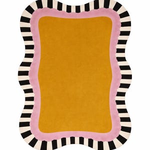 May include: A mustard yellow rug with a wavy, irregular border. The rug has a pink inner border and a black and white striped outer border. The rug is a decorative floor covering.