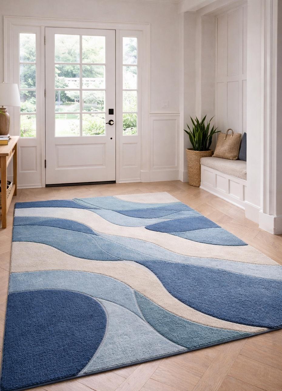 Modern Blue Wave Hand Tufted Area Rug – Abstract Ocean Design Soft ...
