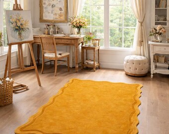 Senfgelber ausgebogter Teppich - Handgemachter moderner Boho-Teppich für Wohnzimmer, Schlafzimmer & Studio-Dekor