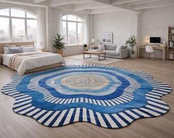 Blauer ausgebogter runder Flächenteppich - Handgetufteter moderner Teppich in Blumenform - Großes Wohnzimmer - Zeitgenössischer abstrakter blauer beige Bodenteppich
