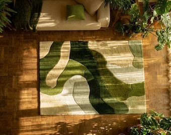 Grüner Abstrakter Teppich Moderner Botanischer Teppich Olive Waldgrün Gewelltes Muster Teppich Wohnzimmerteppich Natur Inspiriert Handgefertigter Teppich