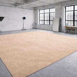 May include: A large, rectangular beige rug dominates a studio space. The rug is placed on a concrete floor, and the room features large windows, brick walls, and studio lighting equipment. The overall aesthetic is minimalist and industrial.