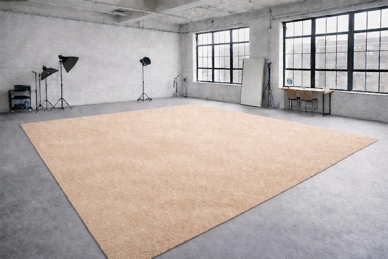 May include: A large, rectangular beige rug dominates a studio space. The rug is placed on a concrete floor, and the room features large windows, brick walls, and studio lighting equipment. The overall aesthetic is minimalist and industrial.