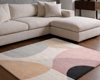 Moderner Abstrakter Teppich, Beige Rosa Teppich, Minimalistischer Teppich, Handgemachter Teppich in Beige und Brauntönen