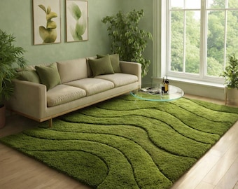 Moderner handgetufteter Moosgrüner Wellenteppich - Strukturierter Abstrakter Teppich für Wohnzimmer & Schlafzimmer 3D Neutral Teppich Trendy 2026 Color Home Decor