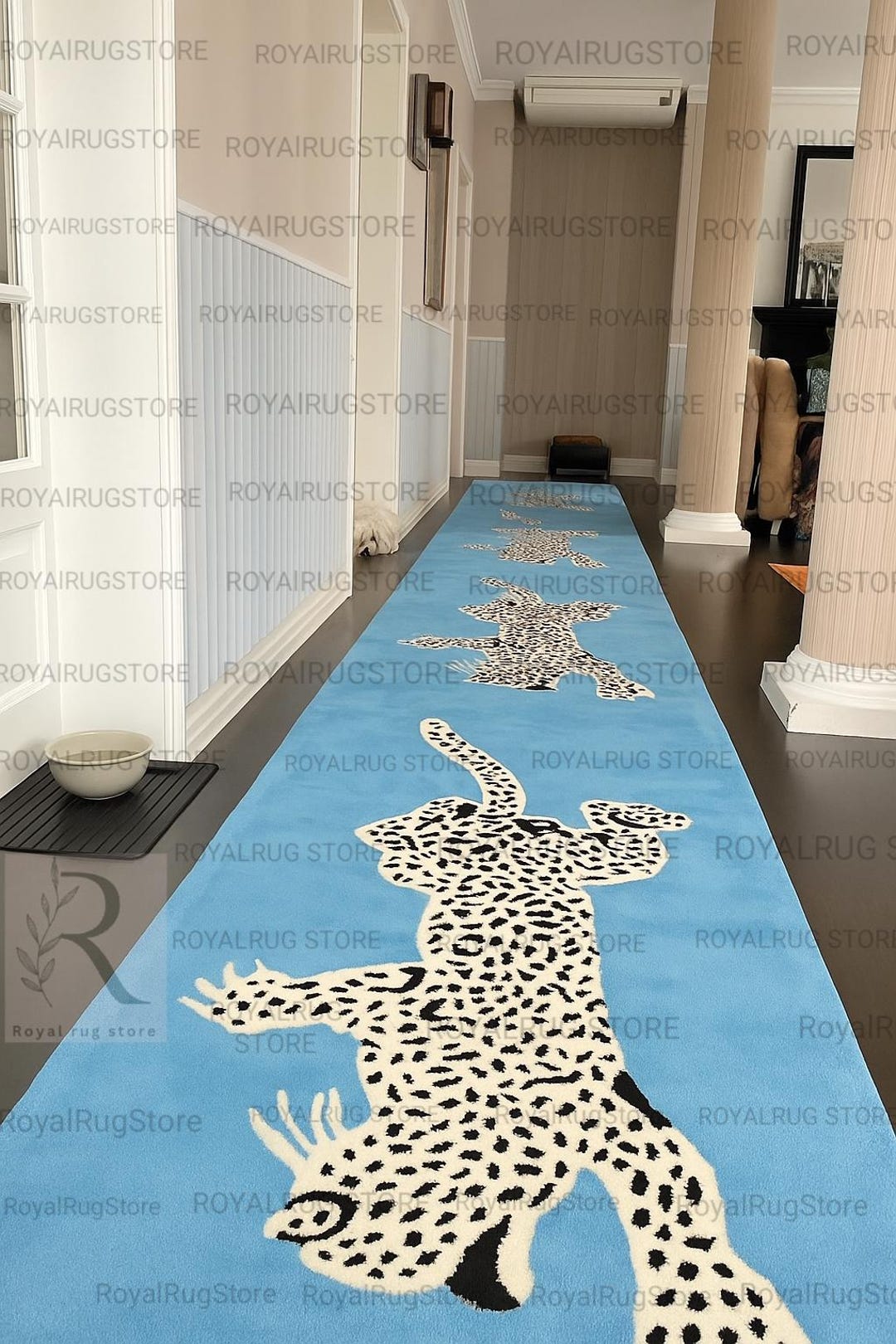 Climbing Leopard Animal Motif Light Blue Runner Rug Hand Tufted ...