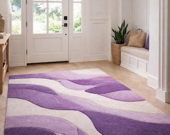 Hand Tufted Purple Wave Rug – Modern Abstract Lavender & Cream Area Rug – Soft Plush Bedroom Living Room Entryway Carpet –Contemporary Floor
