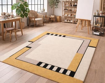 Moderne Hand getuftet Geometrische Teppich, Beige Senf Teppich, Abstrakte Bordüre Teppich, Luxus Wollteppich, Zeitgenössischer Wohnzimmer Teppich Teppich in Benutzerdefinierten Größen