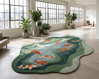 Großer 3D Koi Teich Teppich - Unregelmäßiger Handgetufteter Grüner Teppich - Ästhetischer Japanischer Fischteich Teppich - Einzigartiger Biophiler Kunstteppich