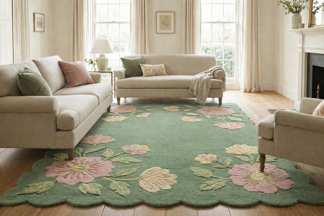 Sage Green Botanical Hand Tufted Rug, Pink Flower Rug, Floral Wool Area ...