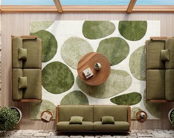 Moderner Abstrakter Grüner Teppich Grün, Grün gepunkteter Teppich, Wollteppich, Wohnzimmerteppich, Minimalistischer Teppich
