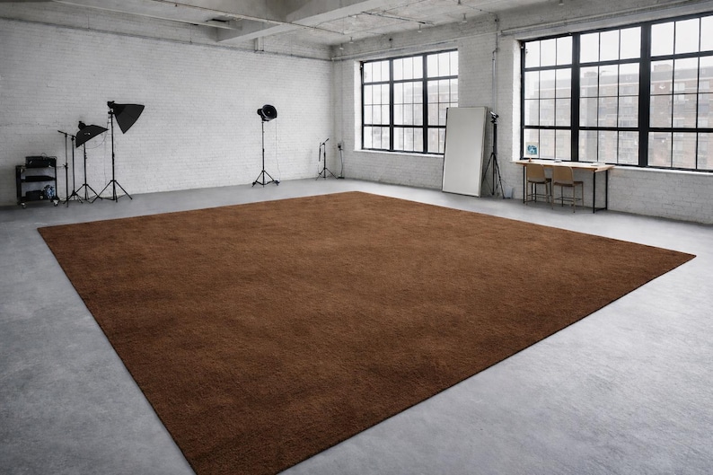 May include: A large, rectangular brown rug dominates the foreground of a studio setting. The rug's texture is visible, and it covers most of the concrete floor. The room has white brick walls, large windows, and studio lighting equipment.