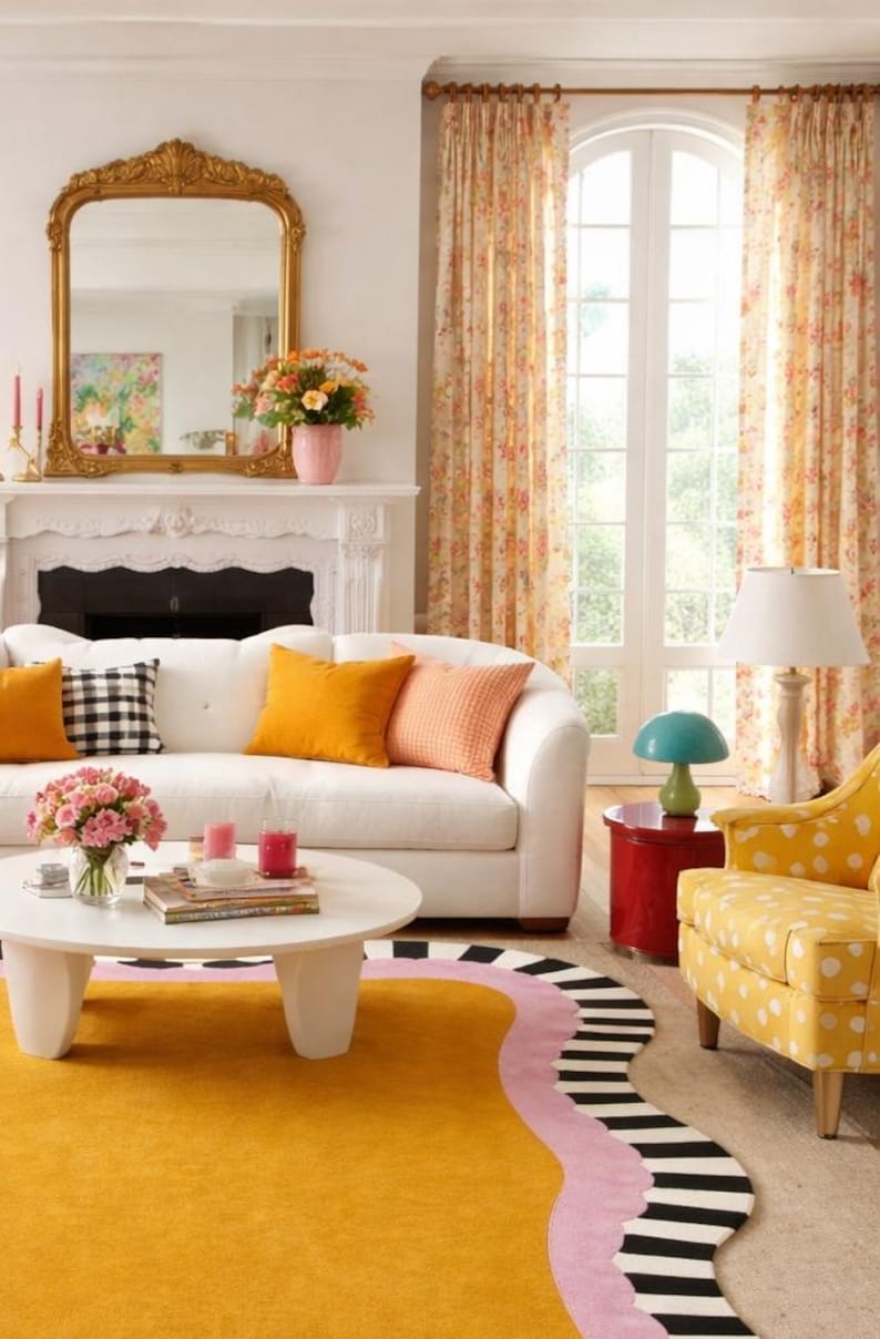 May include: A bright living room with a white sofa, yellow rug, and floral curtains. The sofa has orange and patterned pillows. A gold mirror hangs above a white fireplace. A yellow polka dot chair and a red side table add pops of color.