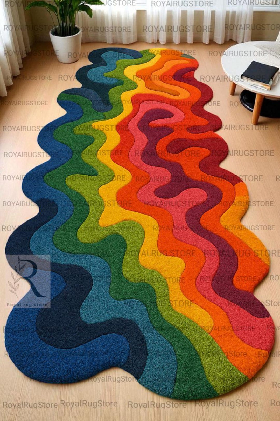 Rod Wave Rugs Rainbow Wave Modern Runner Rug Hand-tufted Wool Rug Colorful Irregular ...