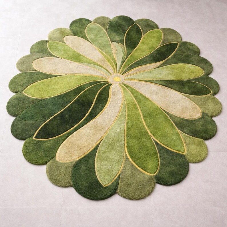 Green Floral Leaf Shaped Area Rug, Modern Botanical Flower Rug, Hand ...