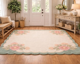 Handgetufteter ausgebogter Rand Wollteppich Großer Floraler Teppich mit Rosa 3D Blumen Sage Grün & Creme Ästhetischer Teppich Individuelles Cottagecore-Dekor