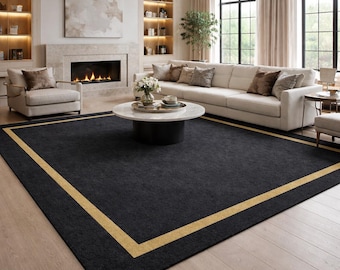 Luxus Teppich Schwarz mit Goldrand Moderner Minimalistischer Teppich Großer Wohnzimmer Teppich Handgefertigter Teppich Zeitgenössischer Designer Teppich
