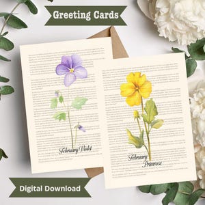 Cartão de felicitações para impressão de página de livro violeta de prímula de fevereiro, cartão de aniversário de fevereiro, cartão de prímula, presente de aniversário de fevereiro, cartão violeta