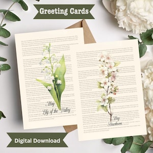 May Lily of the Valley Hawthorn Book Page Greeting Card Printable, May Birthday Card, Lily of the Valley Card, May Birthday Gift, Hawthorn