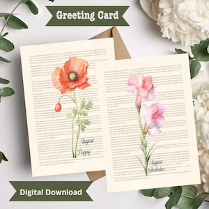 August Gladiolen Buchseite Grußkarte zum Ausdrucken, August Geburtstagskarte, Gladiolen Karte, August Geburtstagsgeschenk, Gladiolen, Mohnkarte, Mohn