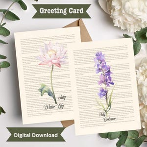 Cartão de felicitações para impressão de julho Water Lily Larkspur Book Page, cartão de aniversário de julho, cartão Water Lily, presente de aniversário de julho, cartão Larkspur, flores