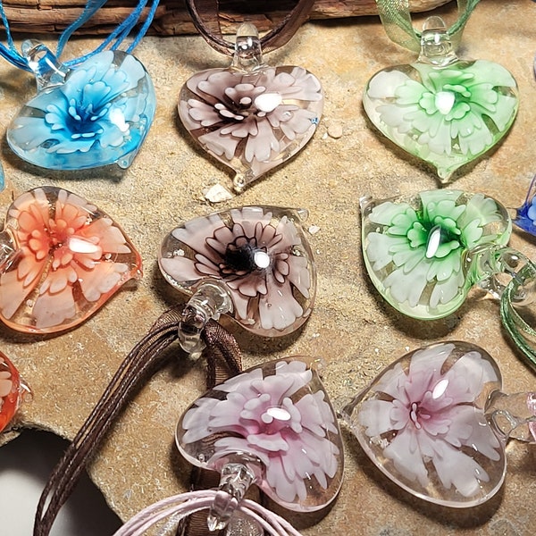 Handmade Murano Lampwork Glass Heart/Flower Pendant with Glow Flakes.