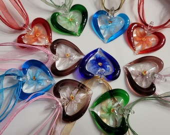 Handmade Lampwork Glass Heart Pendant, Floral Design