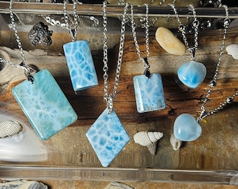 Natural Larimar Pendant Necklace, Sterling Silver, Watermark Stone