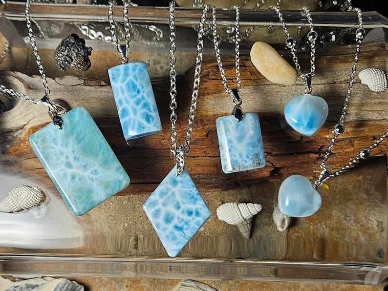 Natural Larimar Pendant Necklace, Sterling Silver, Watermark Stone - Etsy