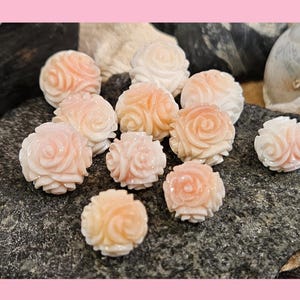 May include: A collection of 11 pink and white coral rose beads. The beads are carved in the shape of roses and have a delicate, intricate design.