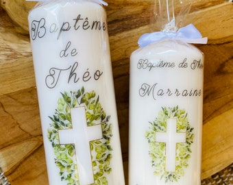 Personalized baptism candle with green cross