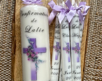 Personalized baptism candle Purple cross and flowers