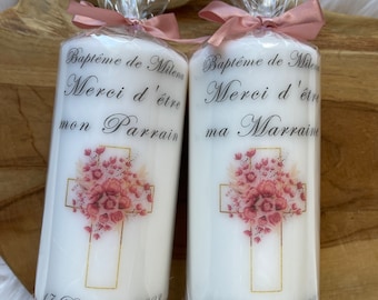 Baptism candle with personalized flower cross