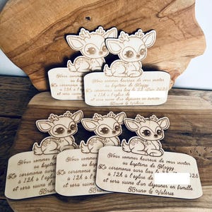Set of 5 engraved wooden doe/fawn birth, baptism, birthday, wedding announcements