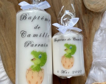 Personalized green dinosaur baptism candle