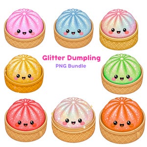 May include: A collection of eight glittery, cartoon-style dumplings in bamboo steamers, each featuring a unique color and a smiling face. The text Glitter Dumpling PNG Bundle is centered in the middle of the arrangement of these colorful, sparkling food illustrations.