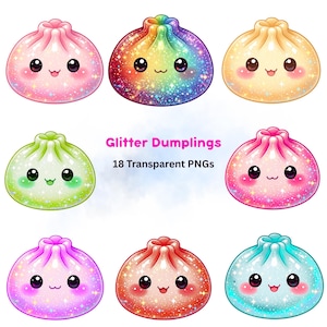 Peut inclure: Huit personnages de boulettes illustrés avec des textures scintillantes et des visages souriants dans diverses couleurs dont rose, arc-en-ciel, jaune, vert, magenta, violet, orange et bleu, avec le texte Glitter Dumplings 18 Transparent PNGs.