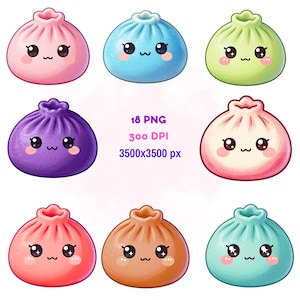 May include: A collection of eight digital illustrations of round, pleated dumplings with smiling faces, each in a different color including pink, blue, green, purple, white, red, brown, and teal. Text in the center reads 18 PNG 300 DPI 3500x3500 px.
