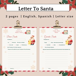 Kids Letter to Santa, Santa Claus, Letter to Santa, Christmas Letter , Printable Letter to Santa , Carta Para Santa English,Spanish Template