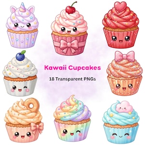 Paquete de imágenes prediseñadas PNG de cupcakes kawaii con personajes de comida en tonos pastel kawaii.