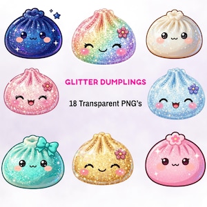 May include: A collection of eight illustrated dumplings with glitter textures and smiling faces. The dumplings are blue, rainbow, white, pink, light blue, teal, gold, and light pink. Text reads GLITTER DUMPLINGS and 18 Transparent PNG's.